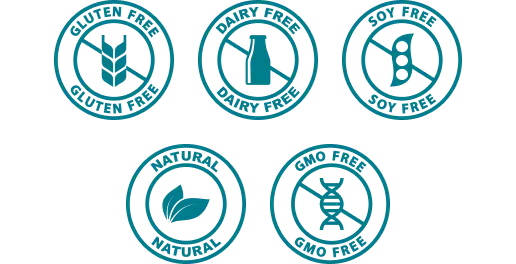 Gluten free, dairy free, soy free, natural, GMO free