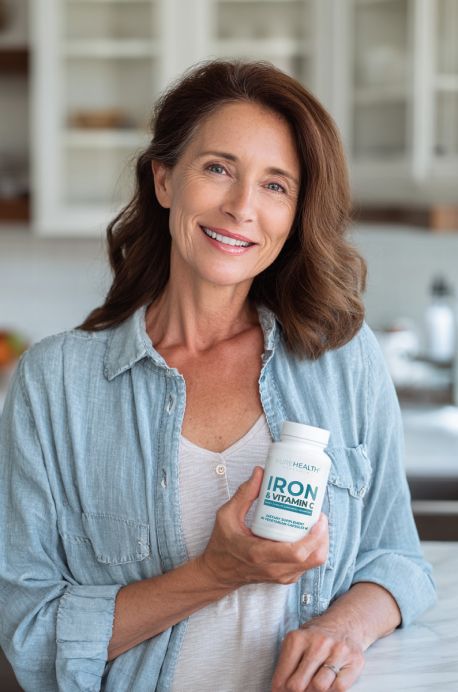 Happy woman holding product bottle
