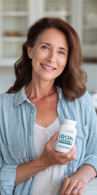 Happy woman holding product bottle