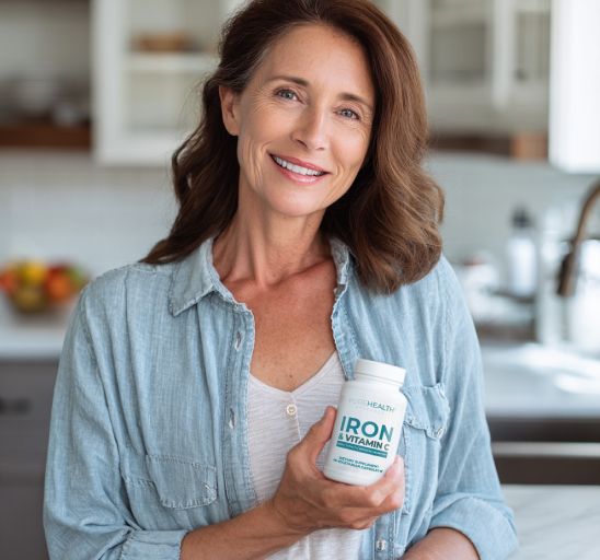 Happy woman holding product bottle