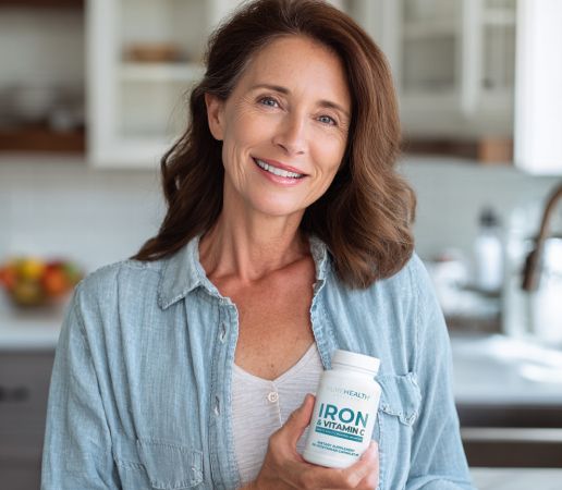 Happy woman holding product bottle