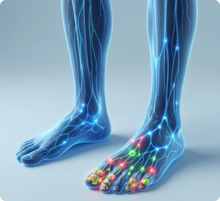 Illustration of feet showing toenail fungus and the body's lymphatic response